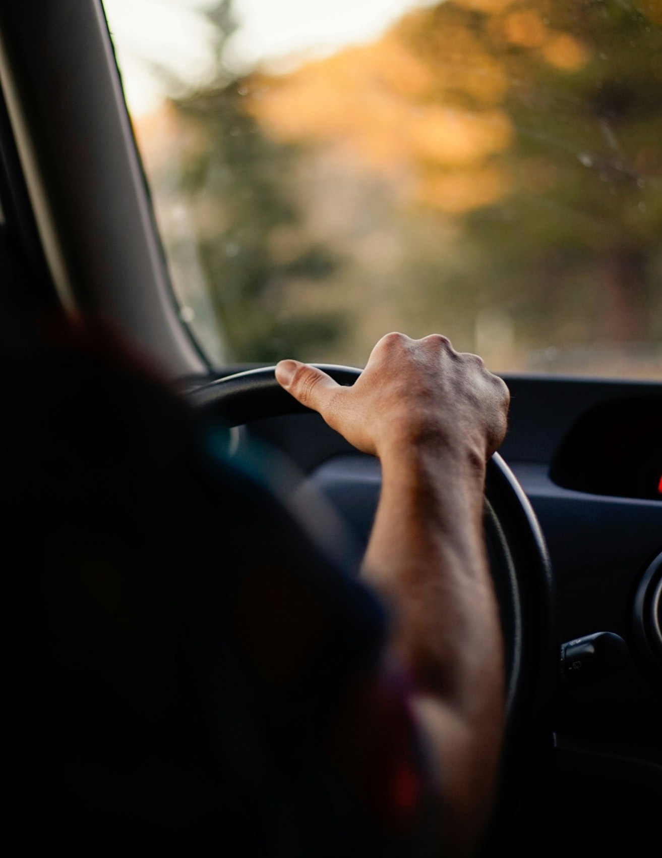 A driver's hand resting on the wheel on a calm open road at golden hour